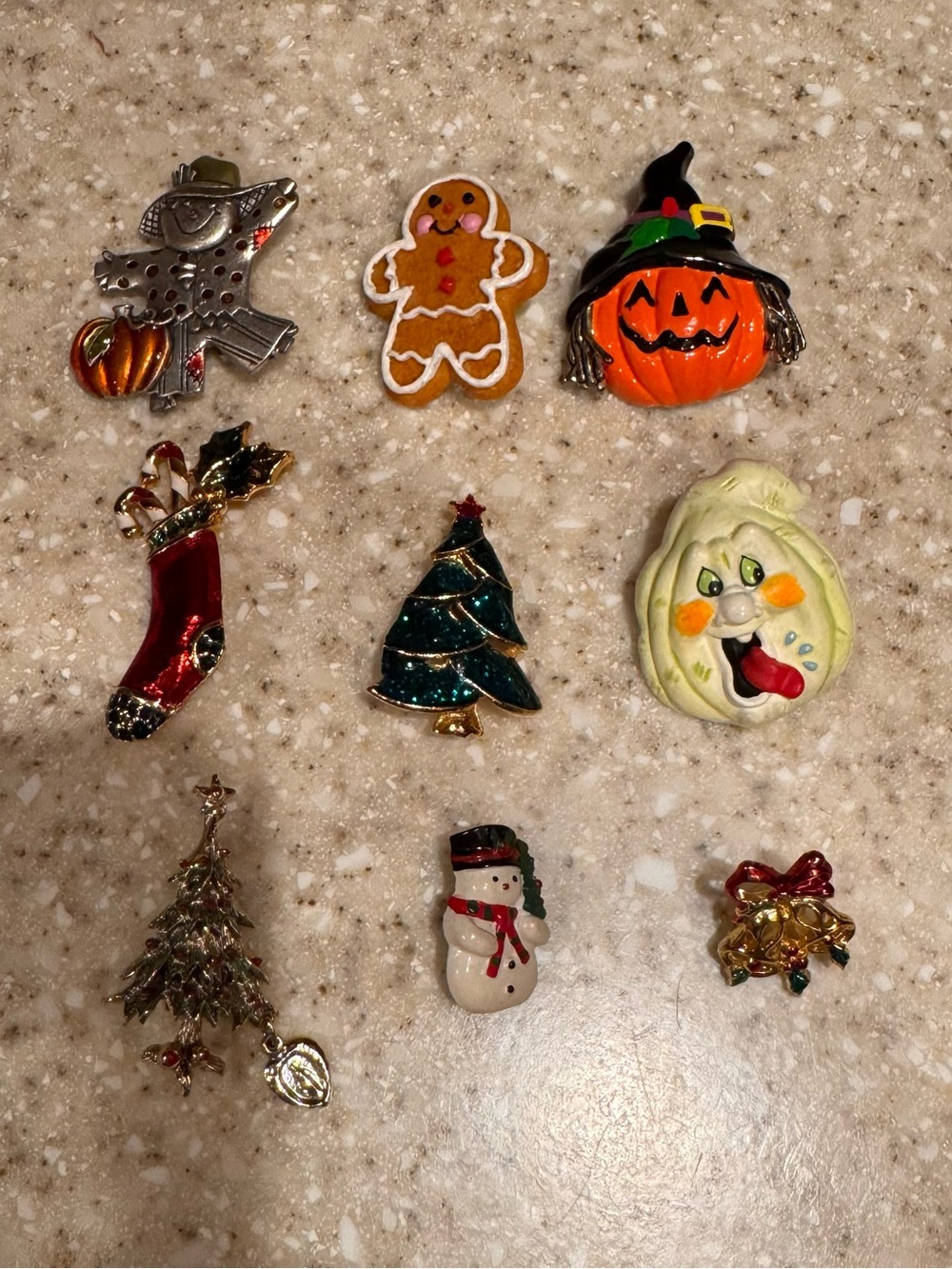 Vintage Lot of Nine Holiday Costume Pins. All Clasps works